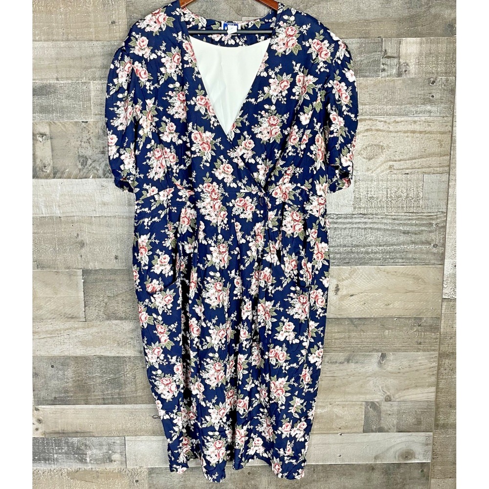 Vtg 90s VLP Plus Wrap‎ Dress Size 22 Navy Blue Floral Short Sleeve Knee Length
